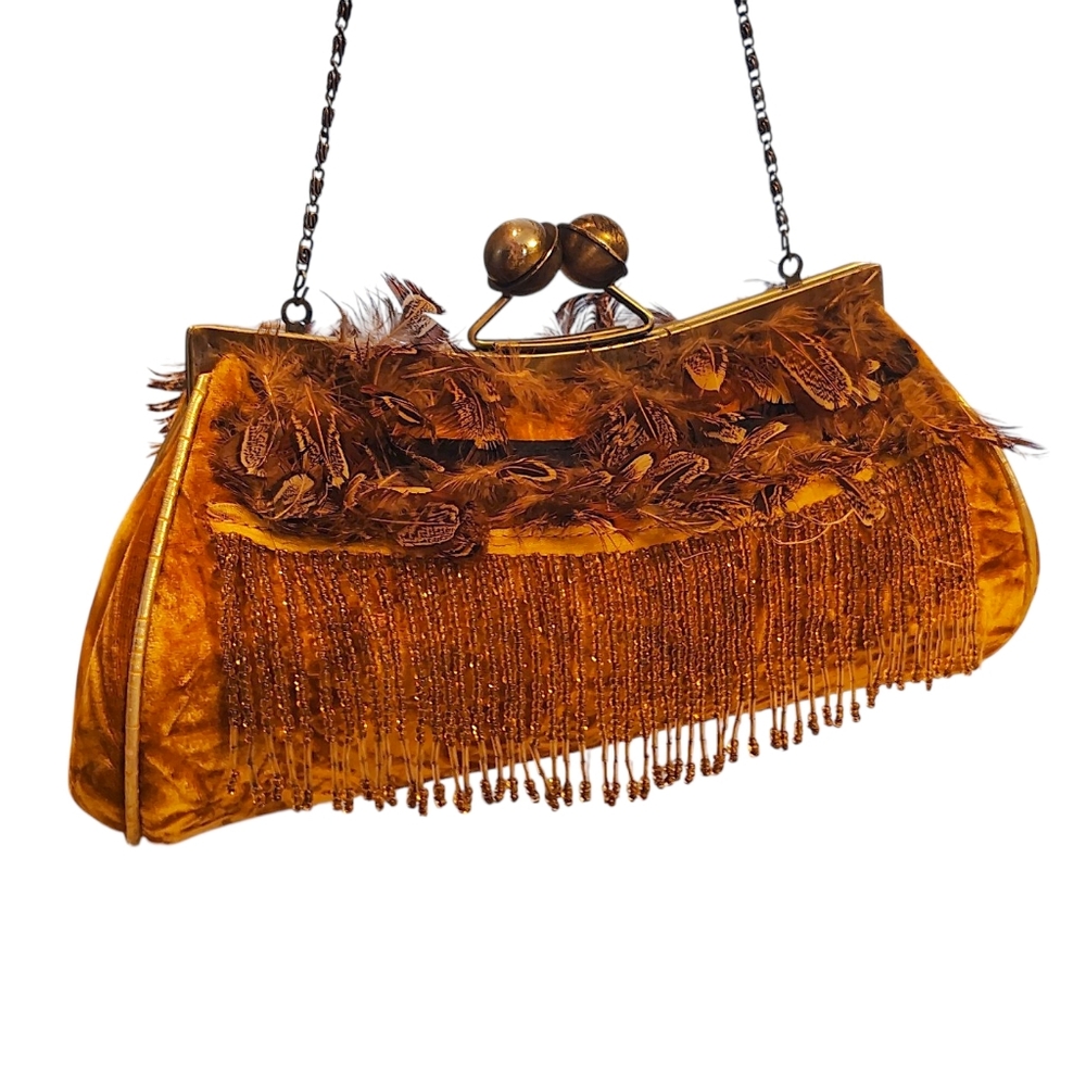 Nicole Lee Elegant Orange Beaded Clutch With Feathers